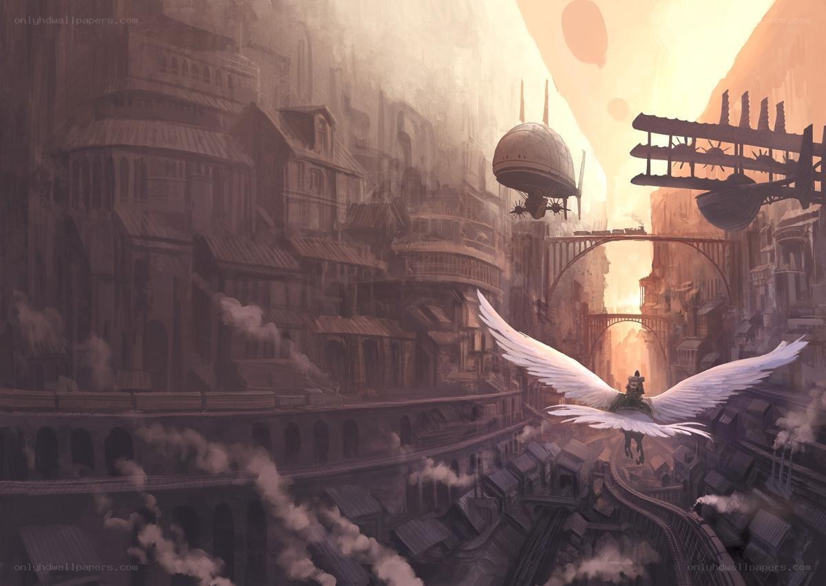 flying city at sunset