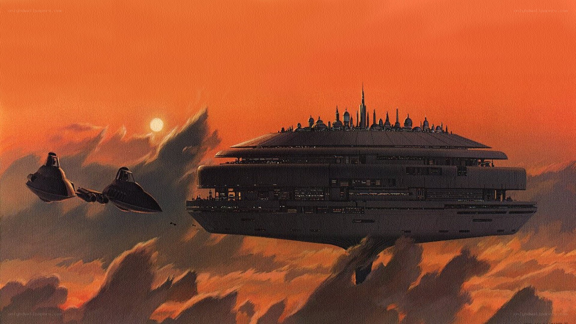 flying city at sunset