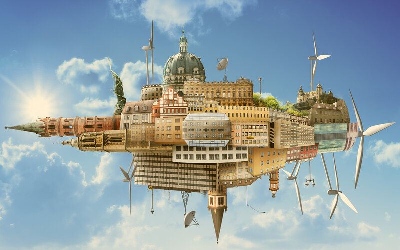 Flying City Collage — Blue, Dreamy