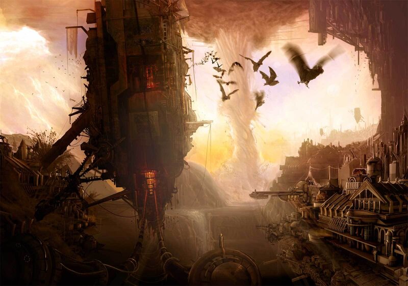 flying city in a storm