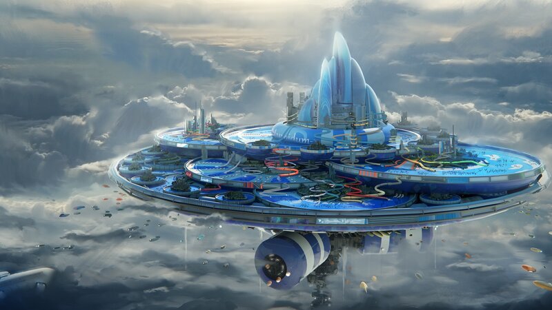 Flying City in Clouds — Blue, Dramatic