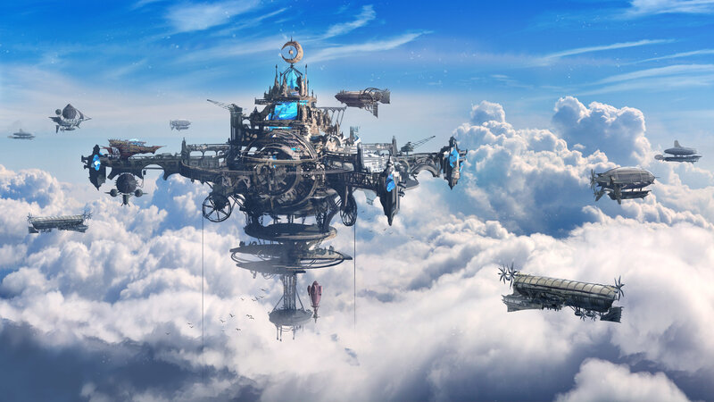 Flying City in Clouds — Blue, Serene