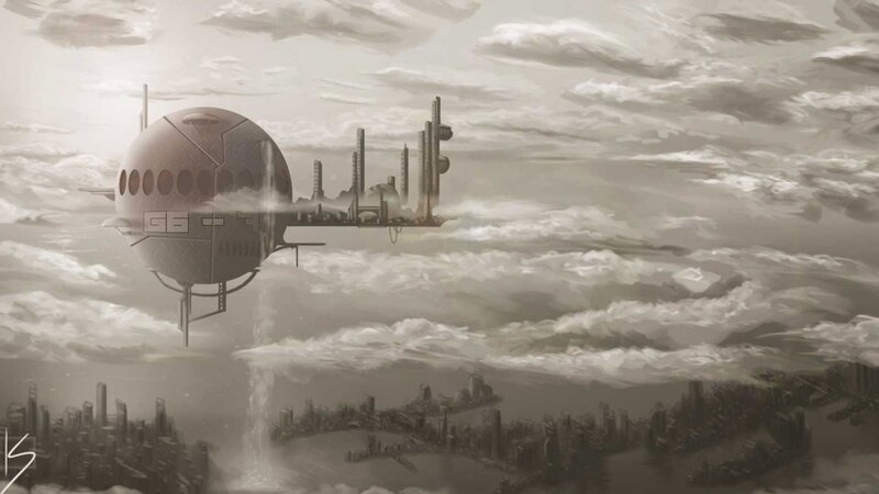 flying city in cloudy sky