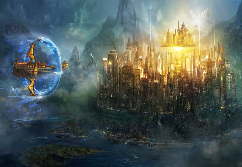 flying city in fantasy landscape