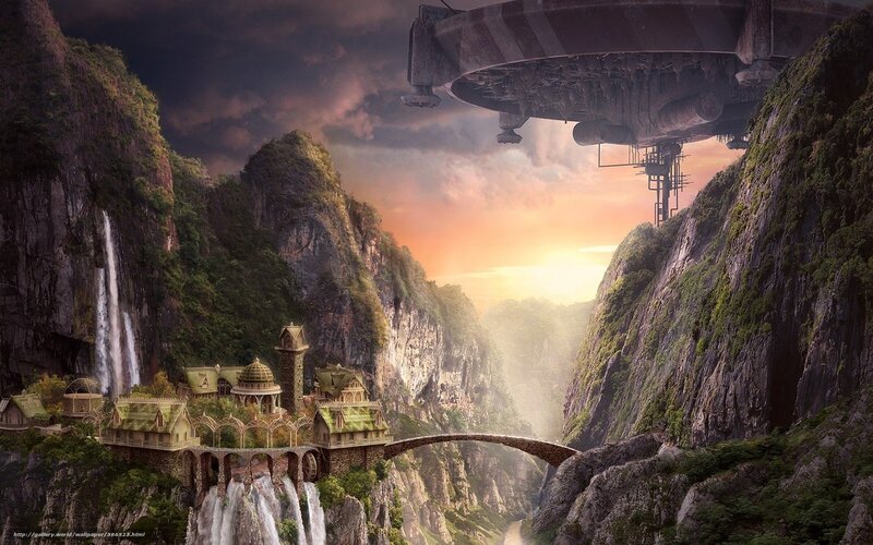 flying city in mountain canyon