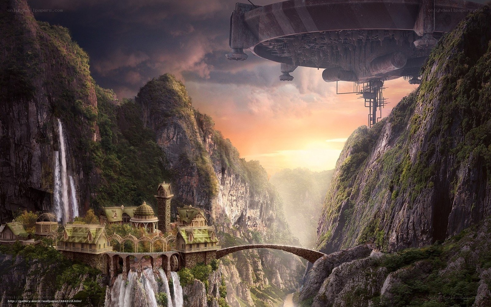 flying city in mountain canyon