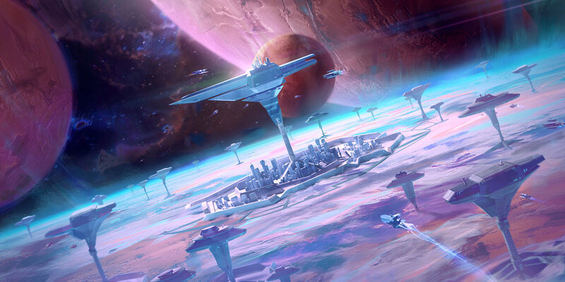 Flying City in Space — Blue, Dramatic, Digital Art