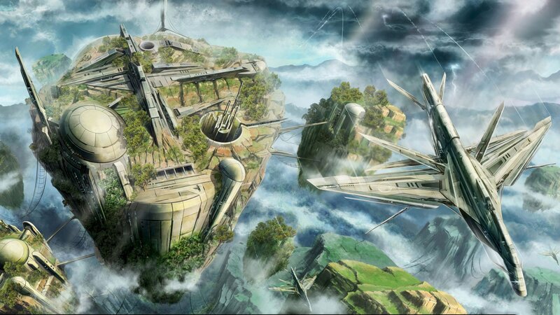 flying city in stormy sky