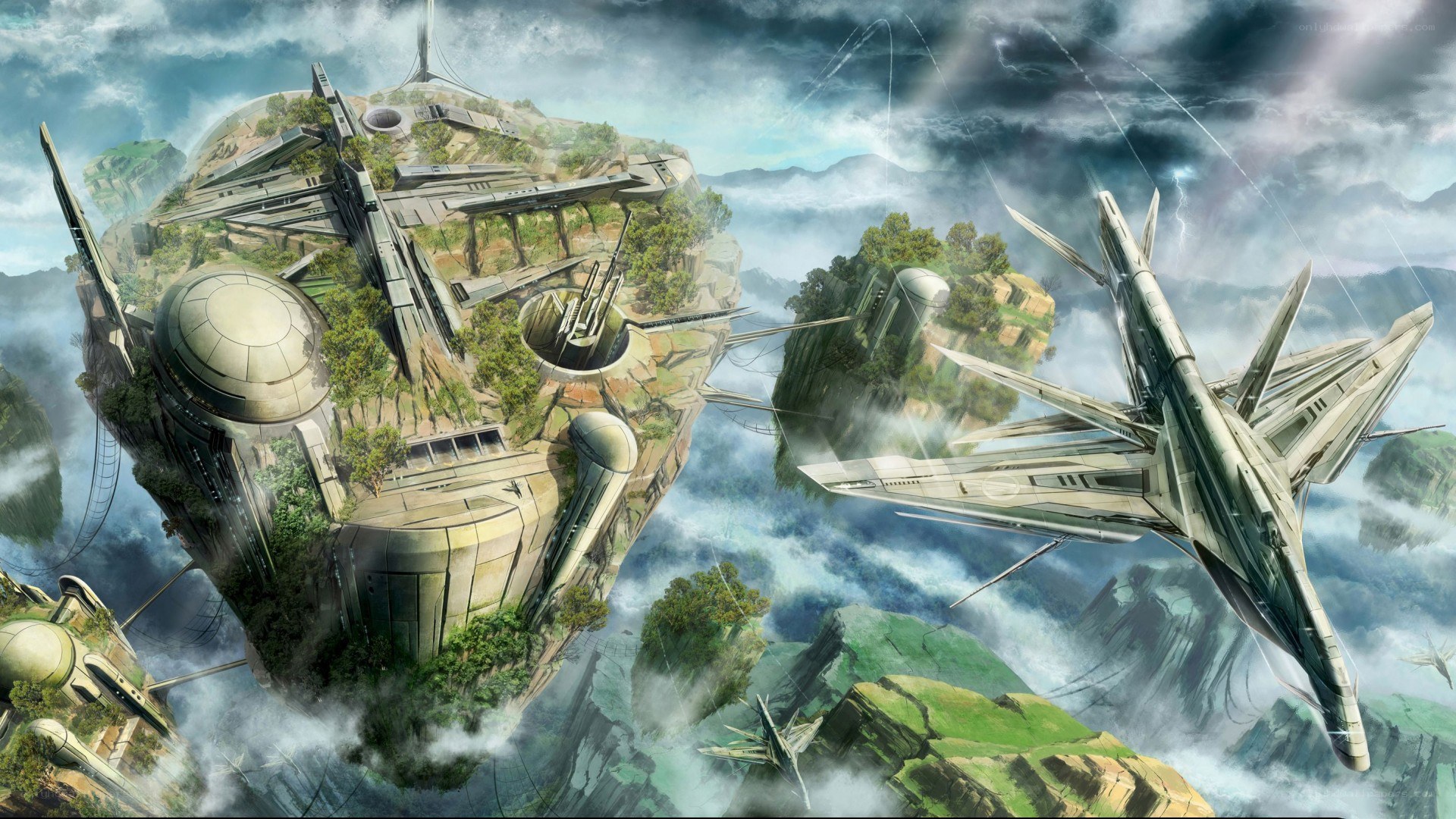 flying city in stormy sky