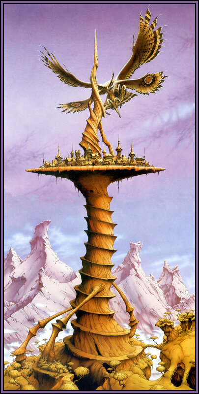 flying city on a giant pillar