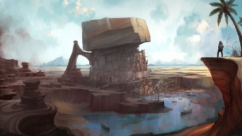 Flying City on Cliff — Blue