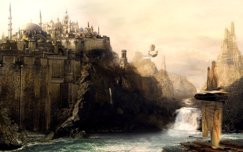 Flying City on Cliff — Brown, Dramatic, Afternoon, Digital Art, Castle