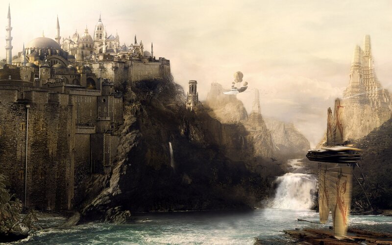 Flying City on Cliff — Brown, Dramatic, Afternoon