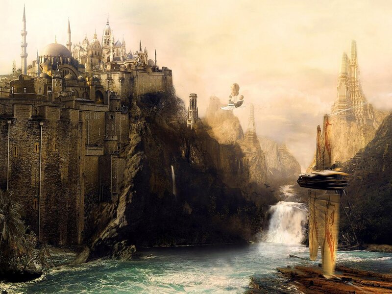 Flying City on Cliff — Brown, Dramatic