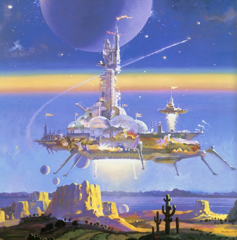flying city over alien desert