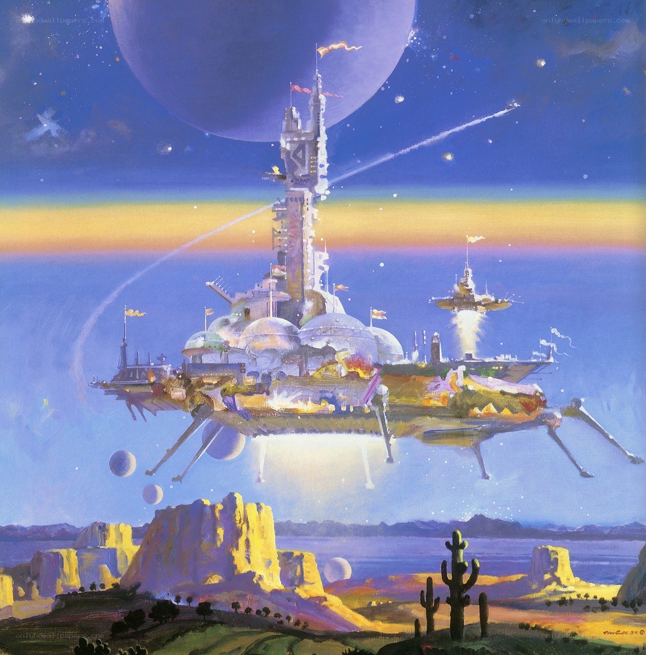 flying city over alien desert