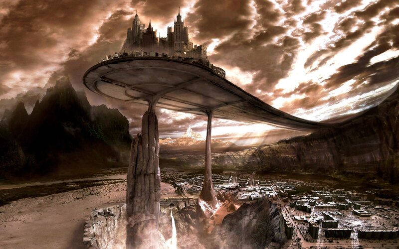 flying city over alien landscape