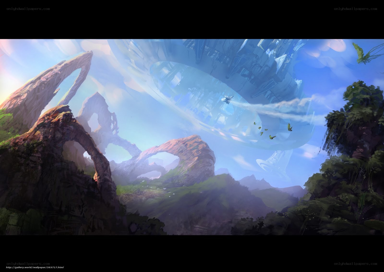 flying city over alien landscape