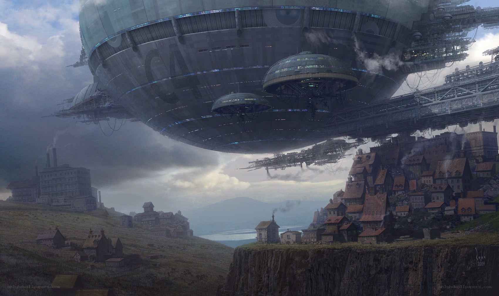 flying city over cliffside town
