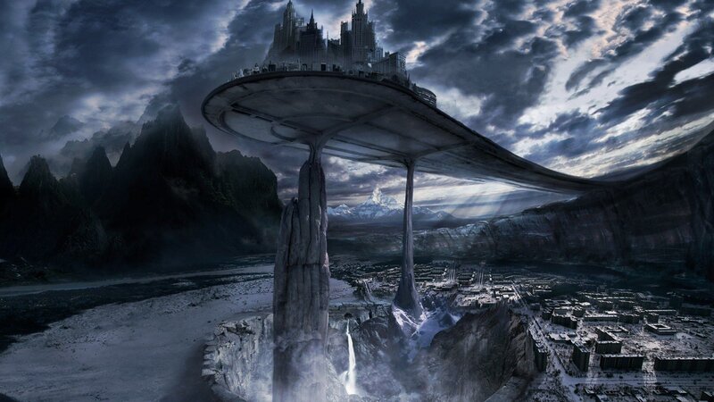 flying city over mountainous landscape