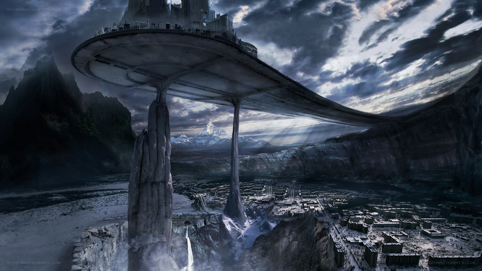 flying city over mountainous landscape