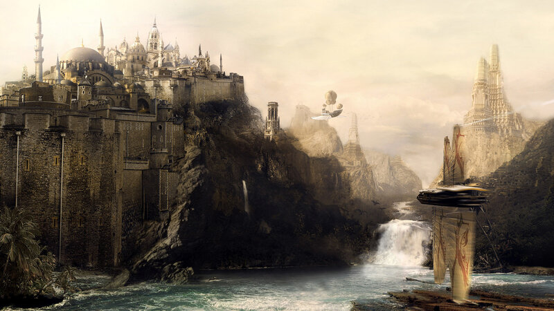 flying city over river