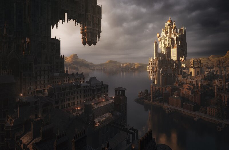 Flying City over Water — Gray