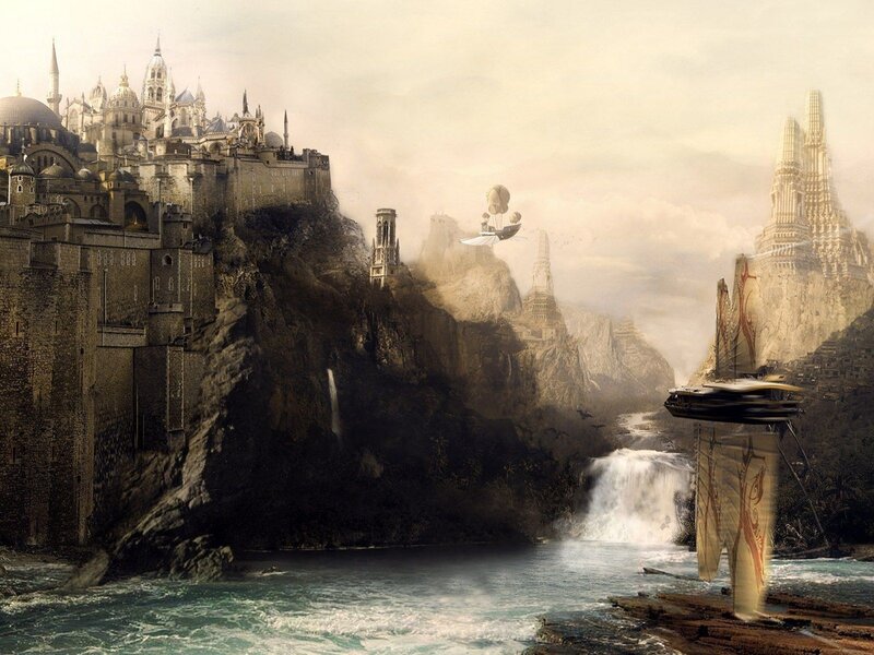 flying city over waterfalls