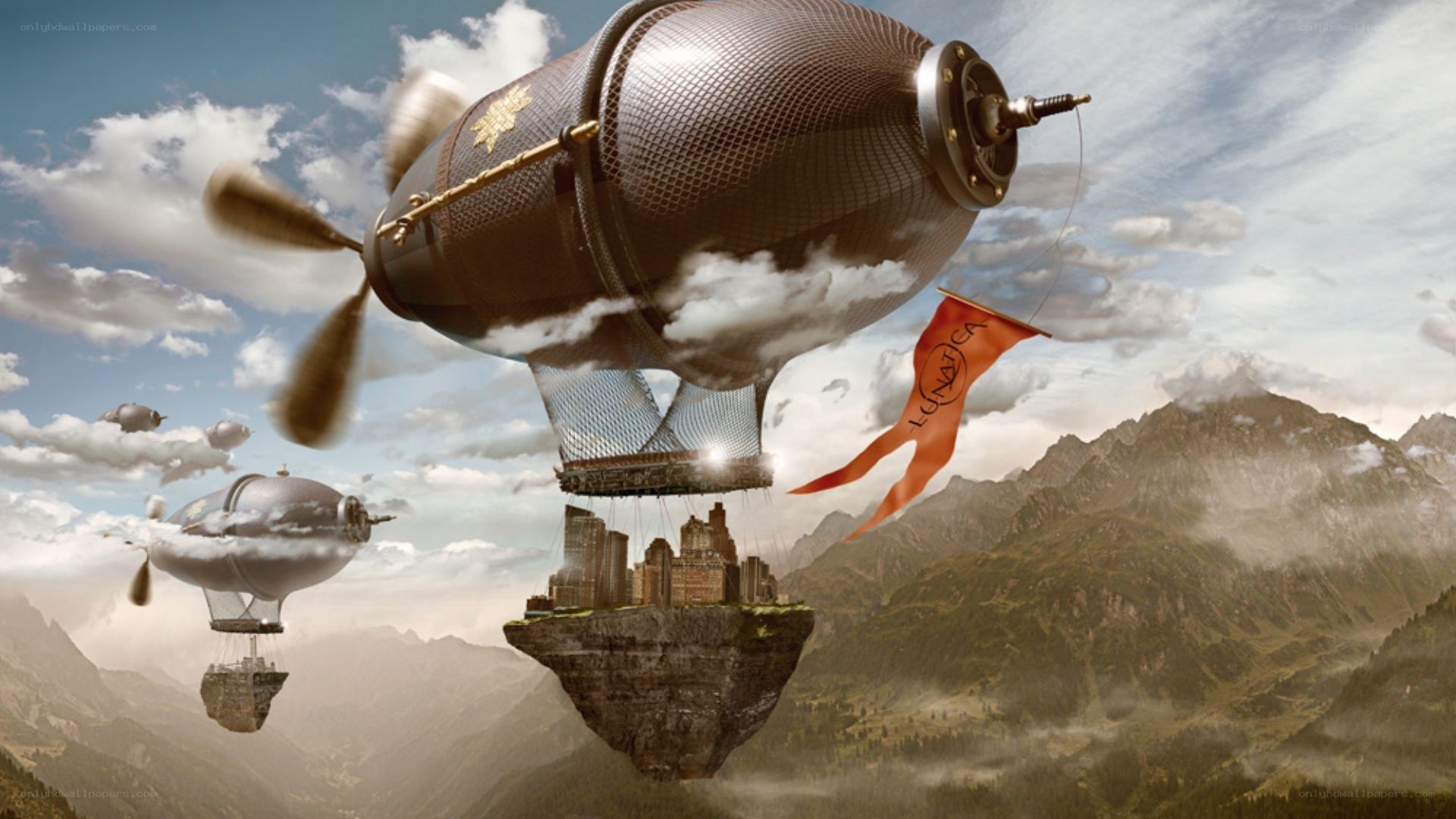 flying city with airships