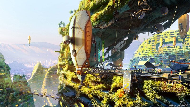 Flying City with Airships — Green