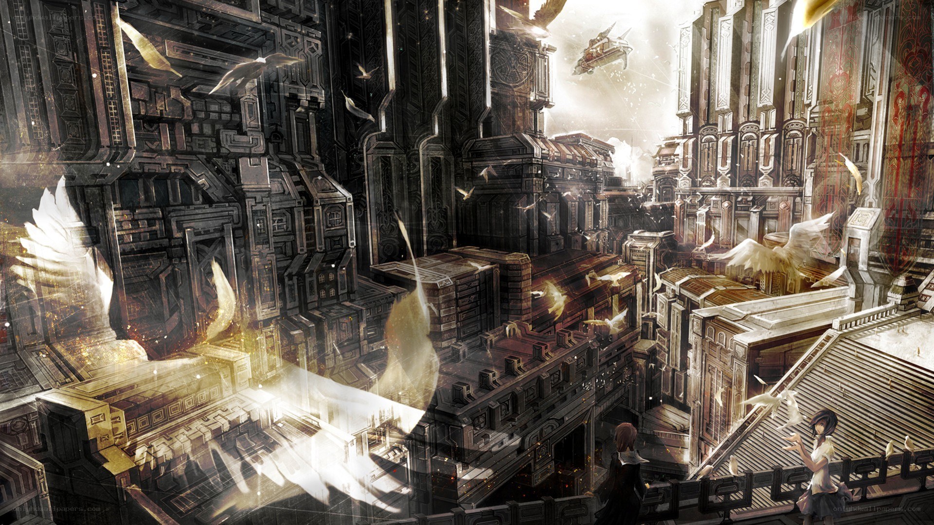 flying city with angelic figures