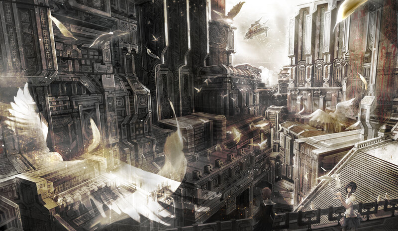 flying city with birds