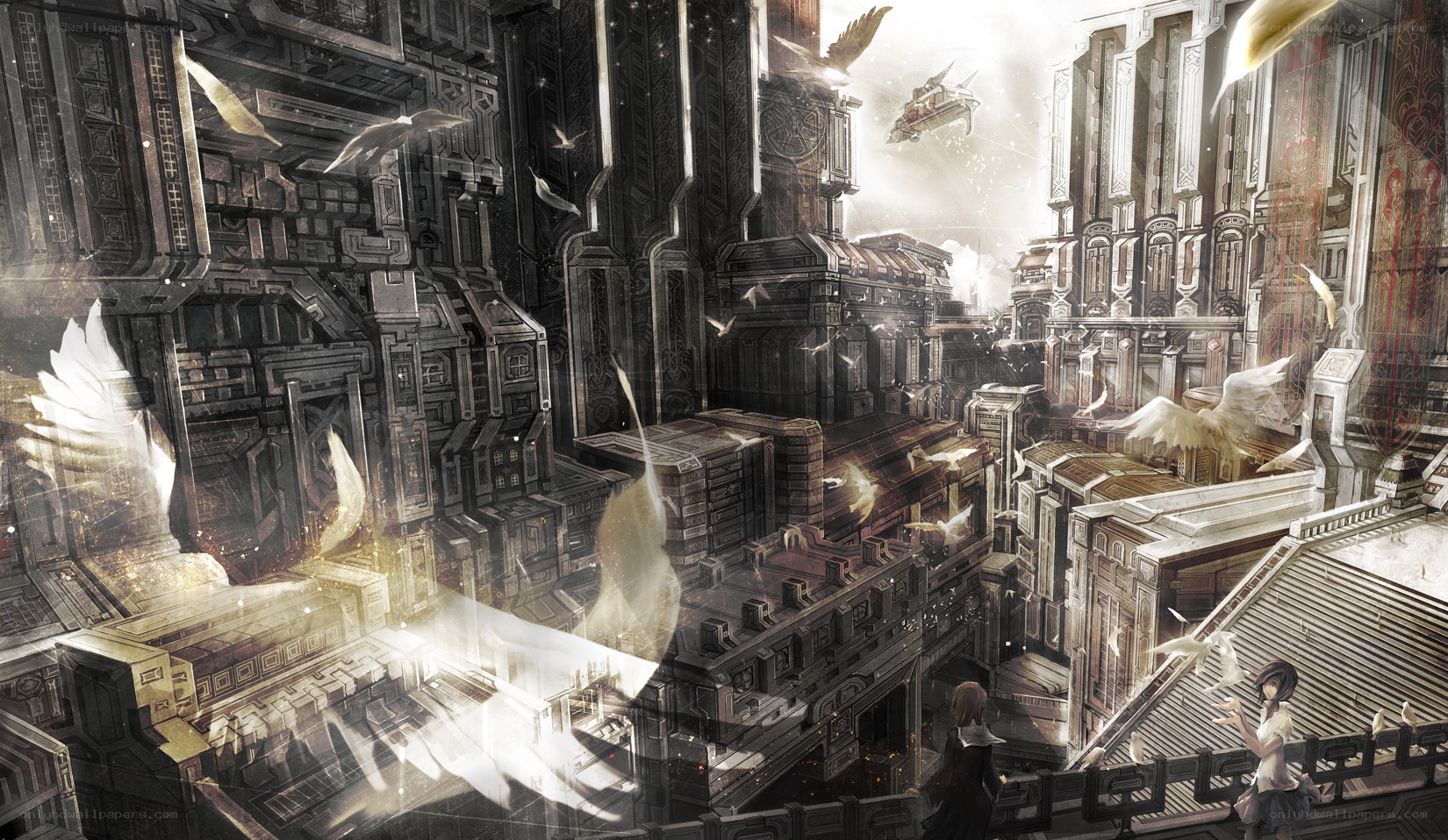 flying city with birds