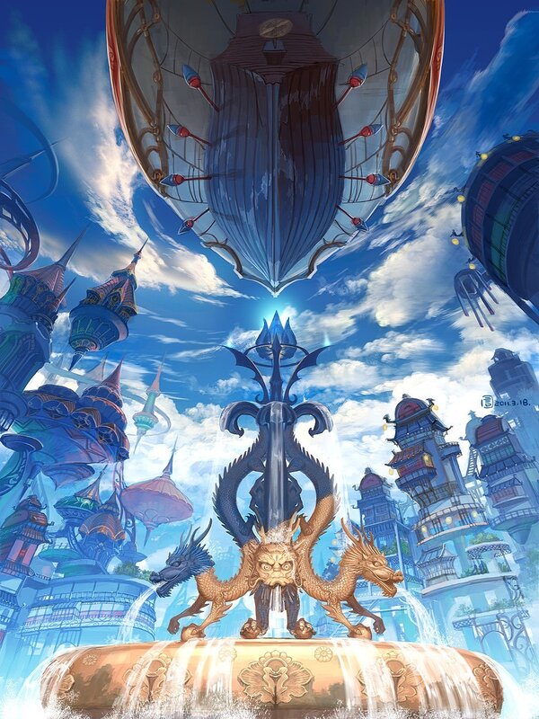flying city with dragon fountain