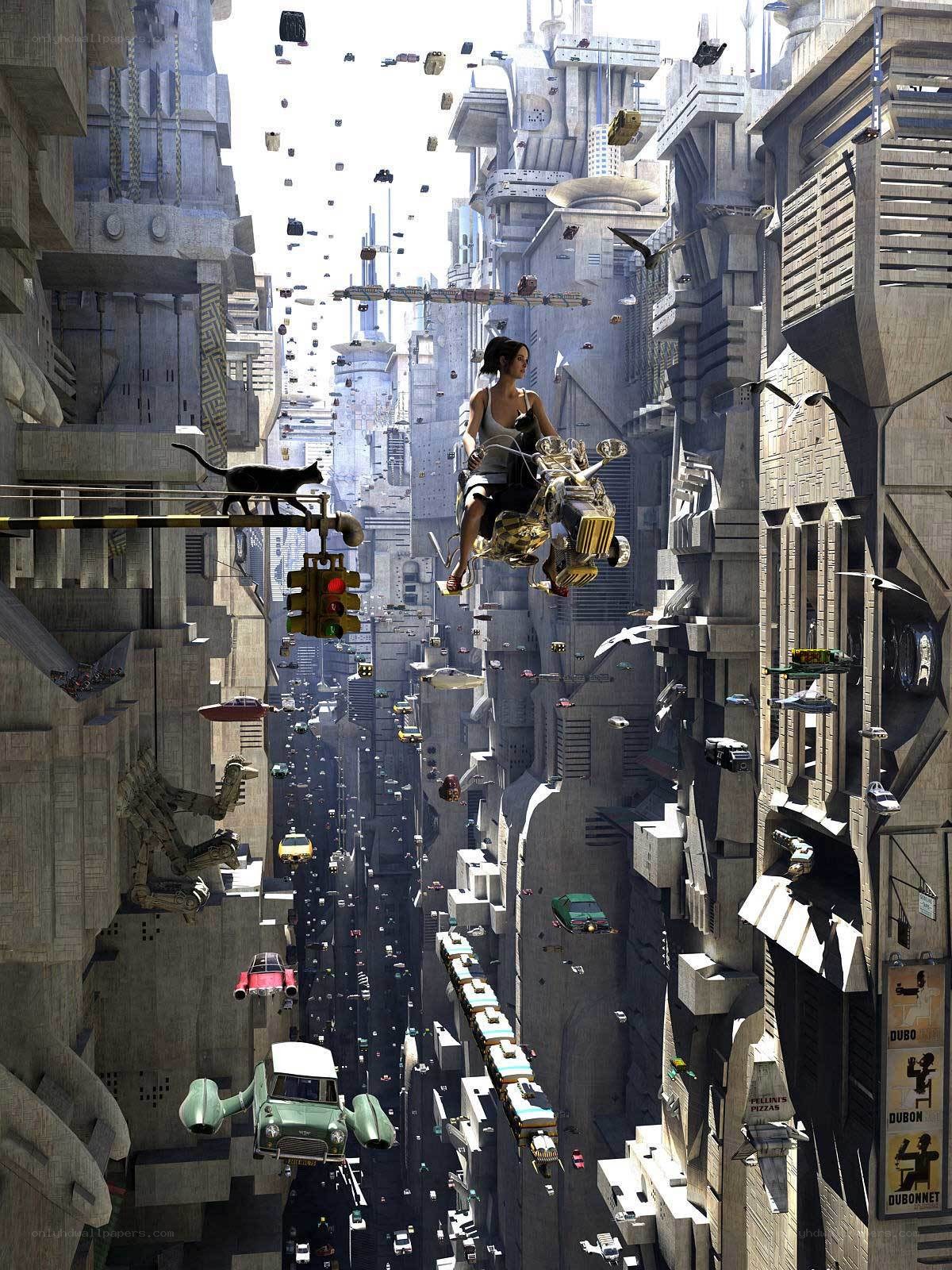 flying city with futuristic vehicles