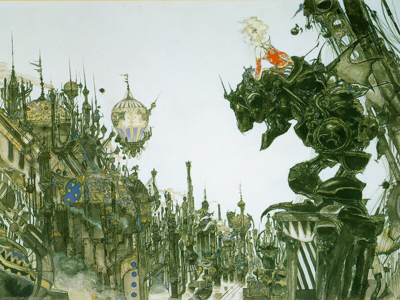 flying city with mechanical creature