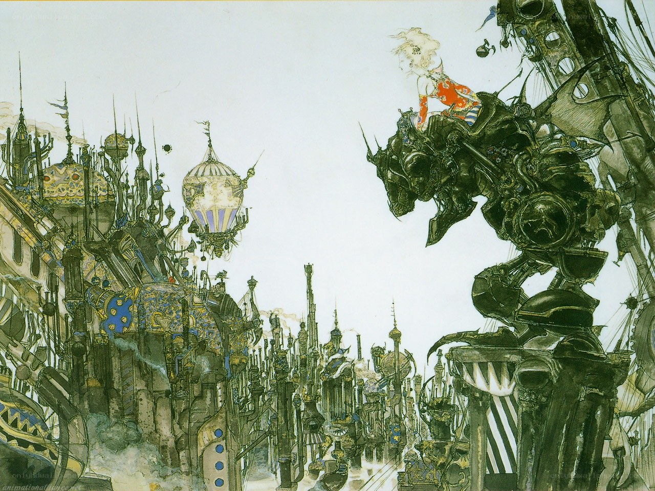 flying city with mechanical creature