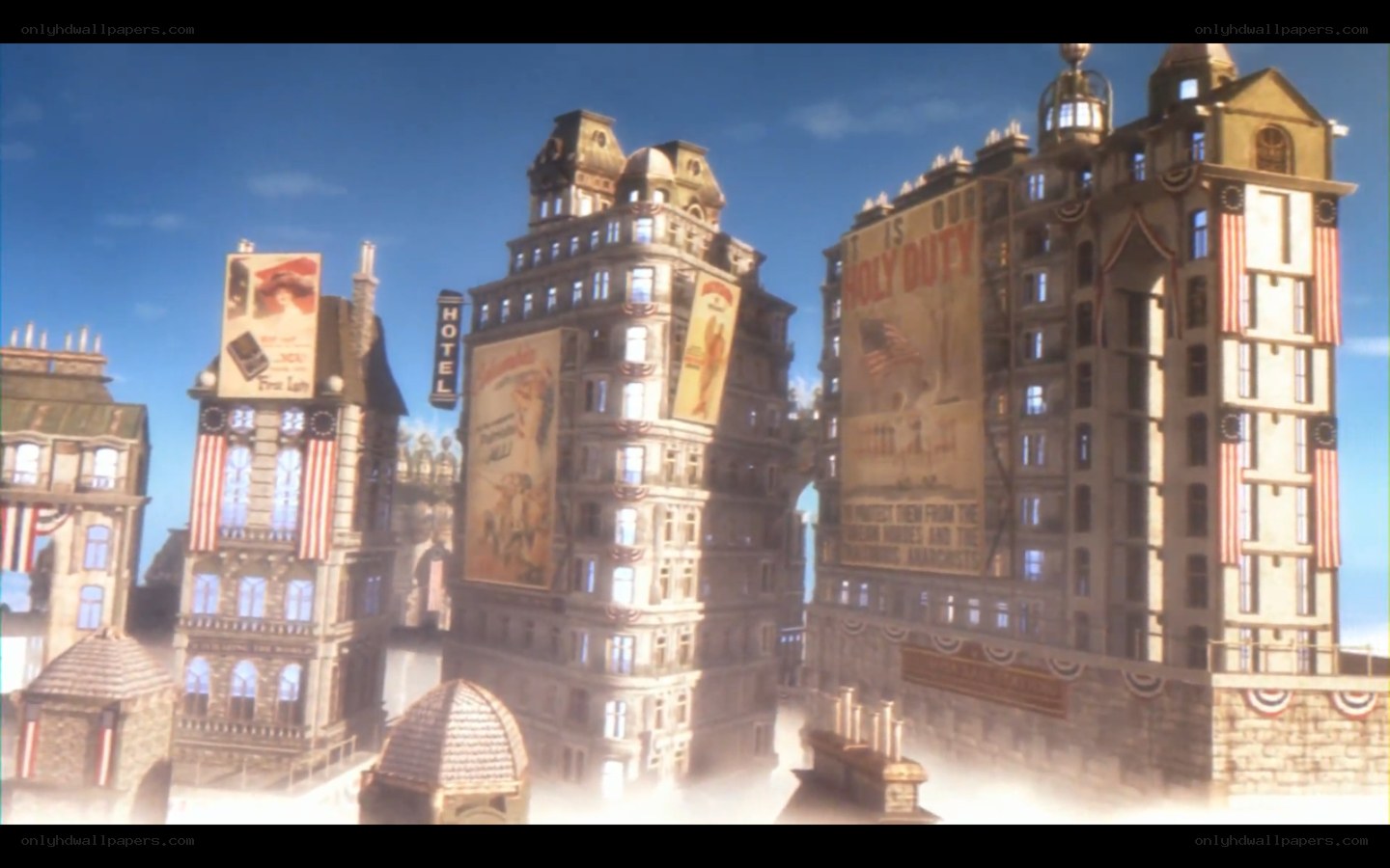 flying city with propaganda banners