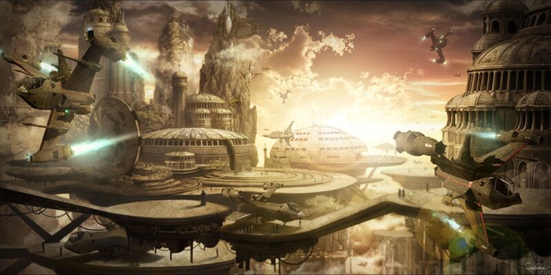 Flying City with Ships — Brown
