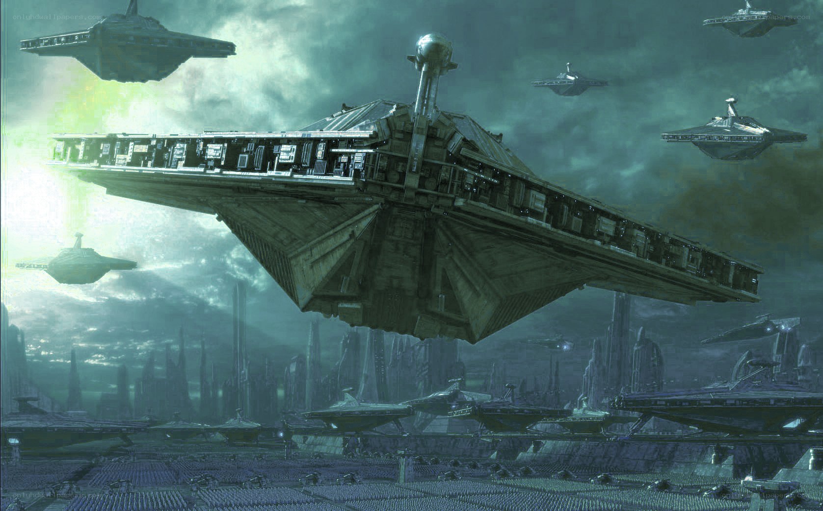 flying city with spaceships