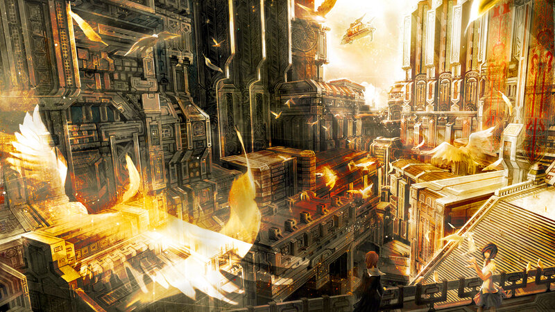 flying city with winged creatures