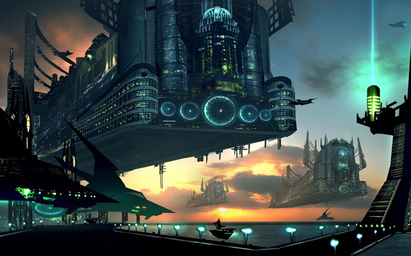 Flying Cityscape — Blue, Dramatic, Sunset, Digital Art