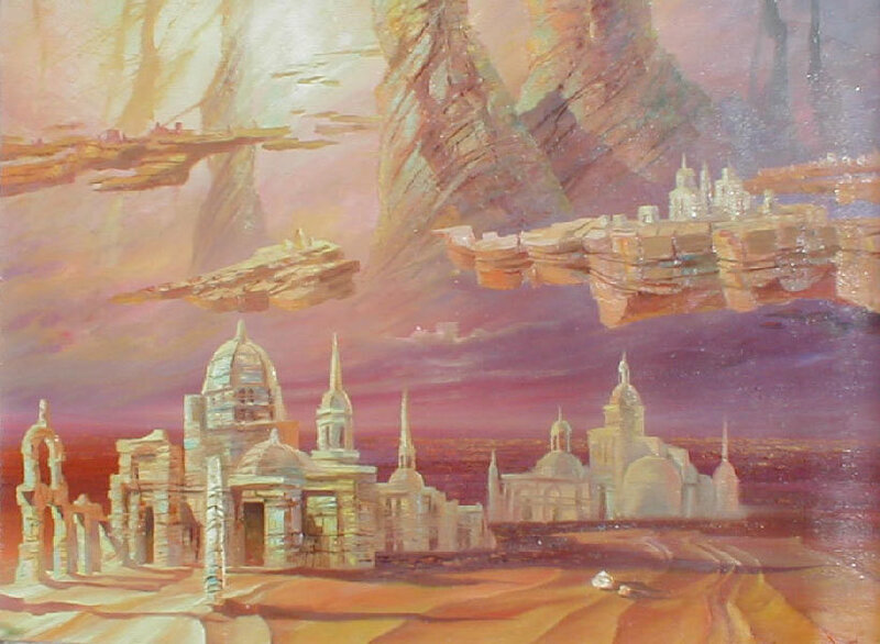 flying cityscape painting
