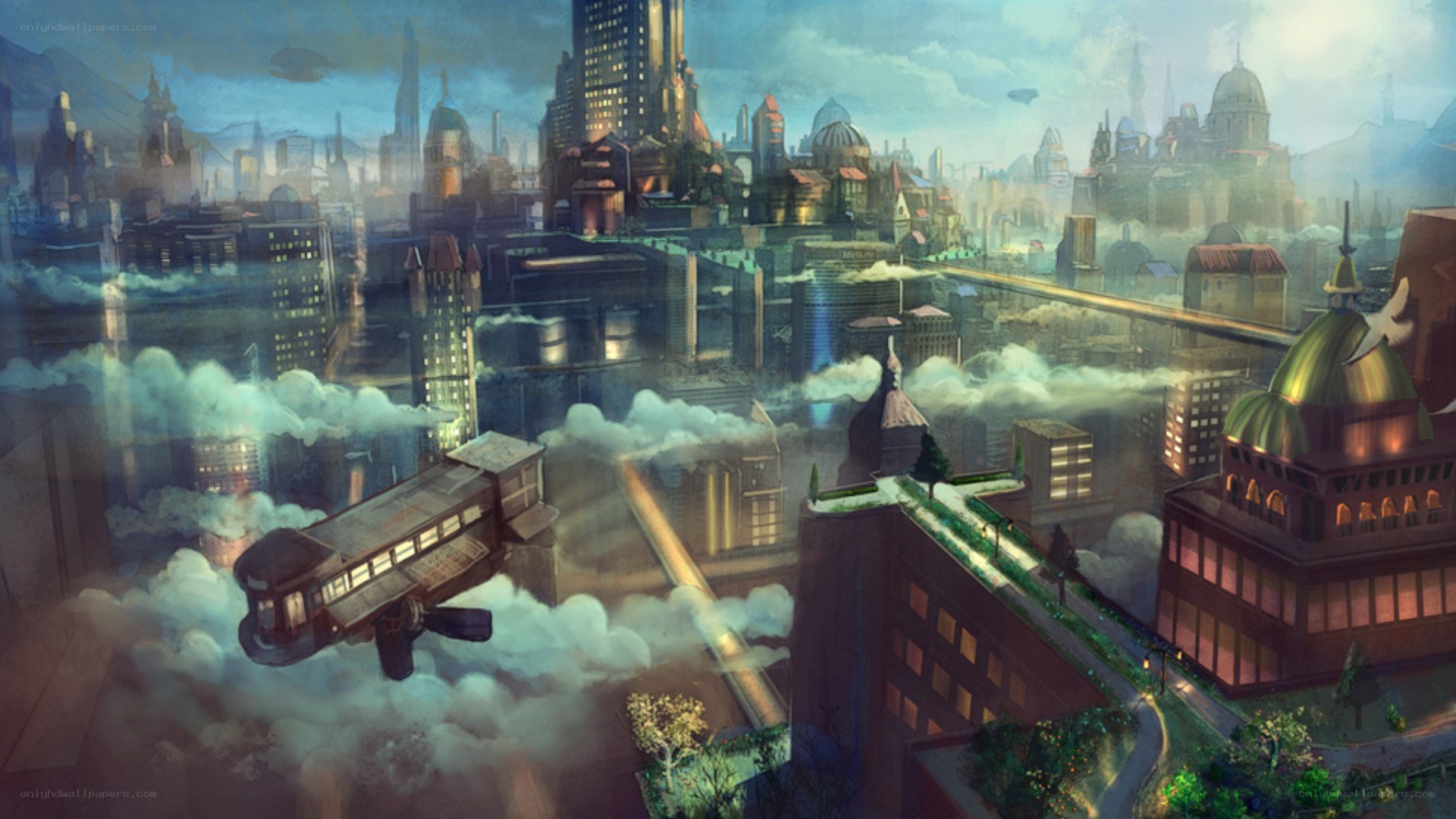 flying cityscape with airship