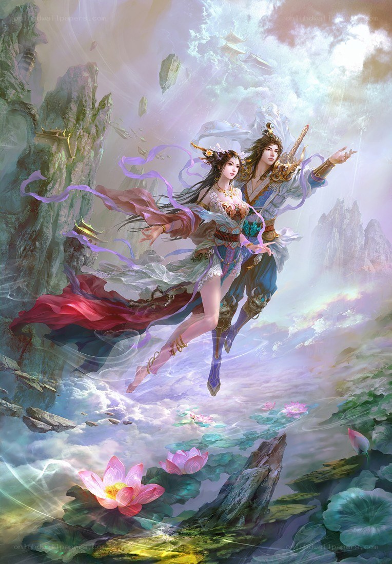 Flying couple in a fantasy realm