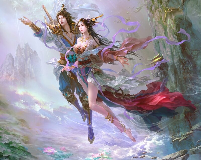Flying couple in fantasy landscape