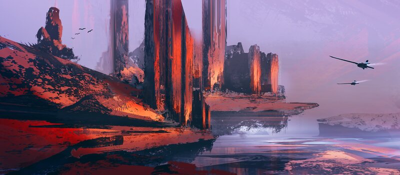 Flying Craft over Alien Landscape