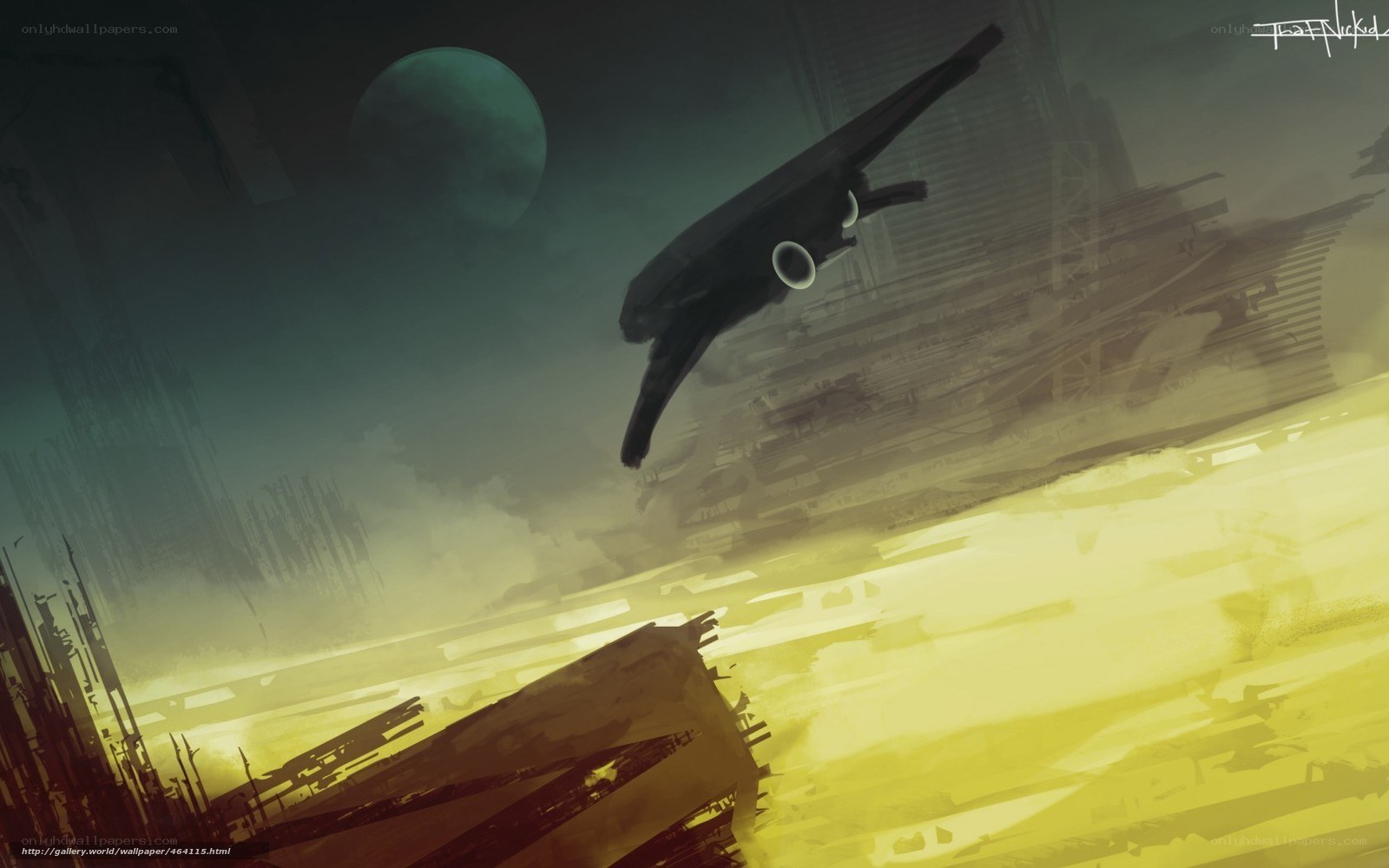 flying craft over ruined city