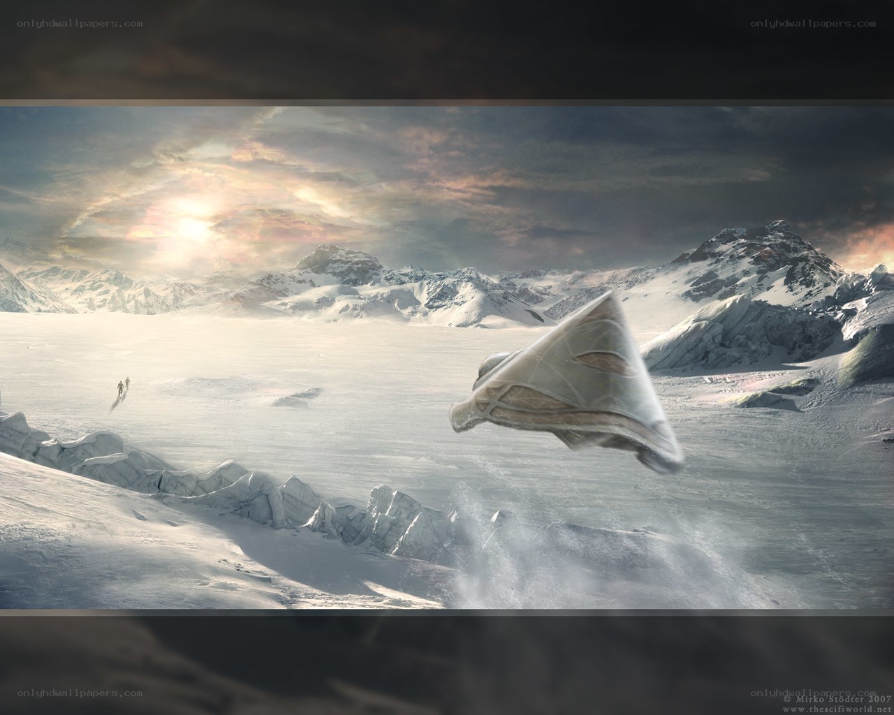 flying craft over snowy landscape