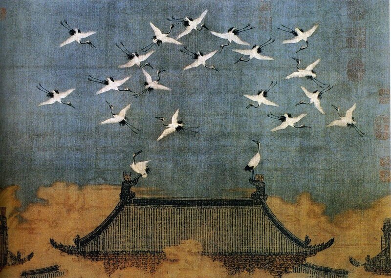 Flying Cranes over Temple